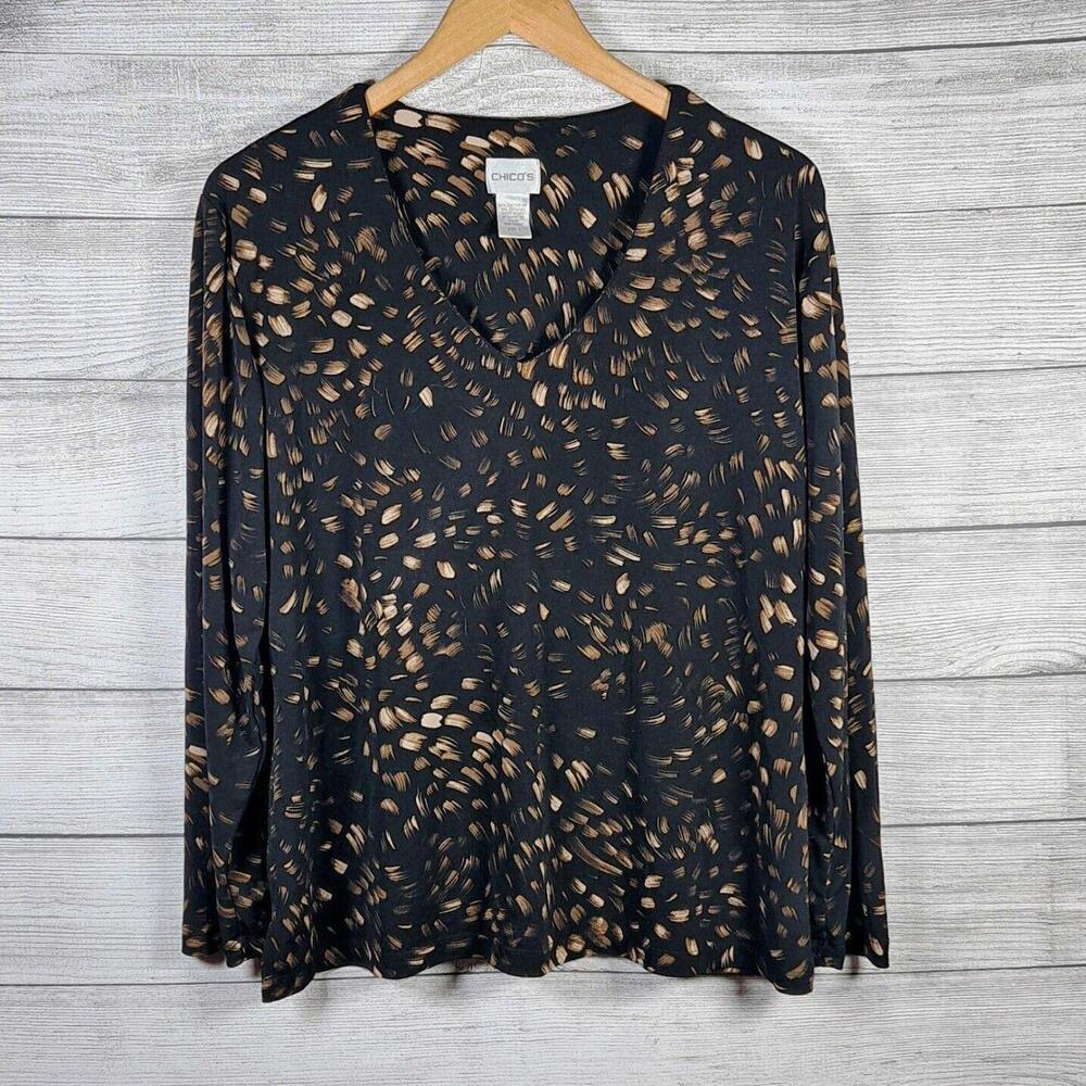 New Chico's Black Brown Brush Strokes V-Neck Long Sleeve Top Chicos 3 XL 14/16